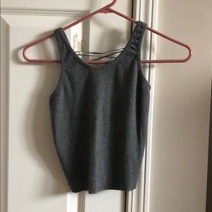 Ribbed Basic Grey Tank with Lace Up Detailing